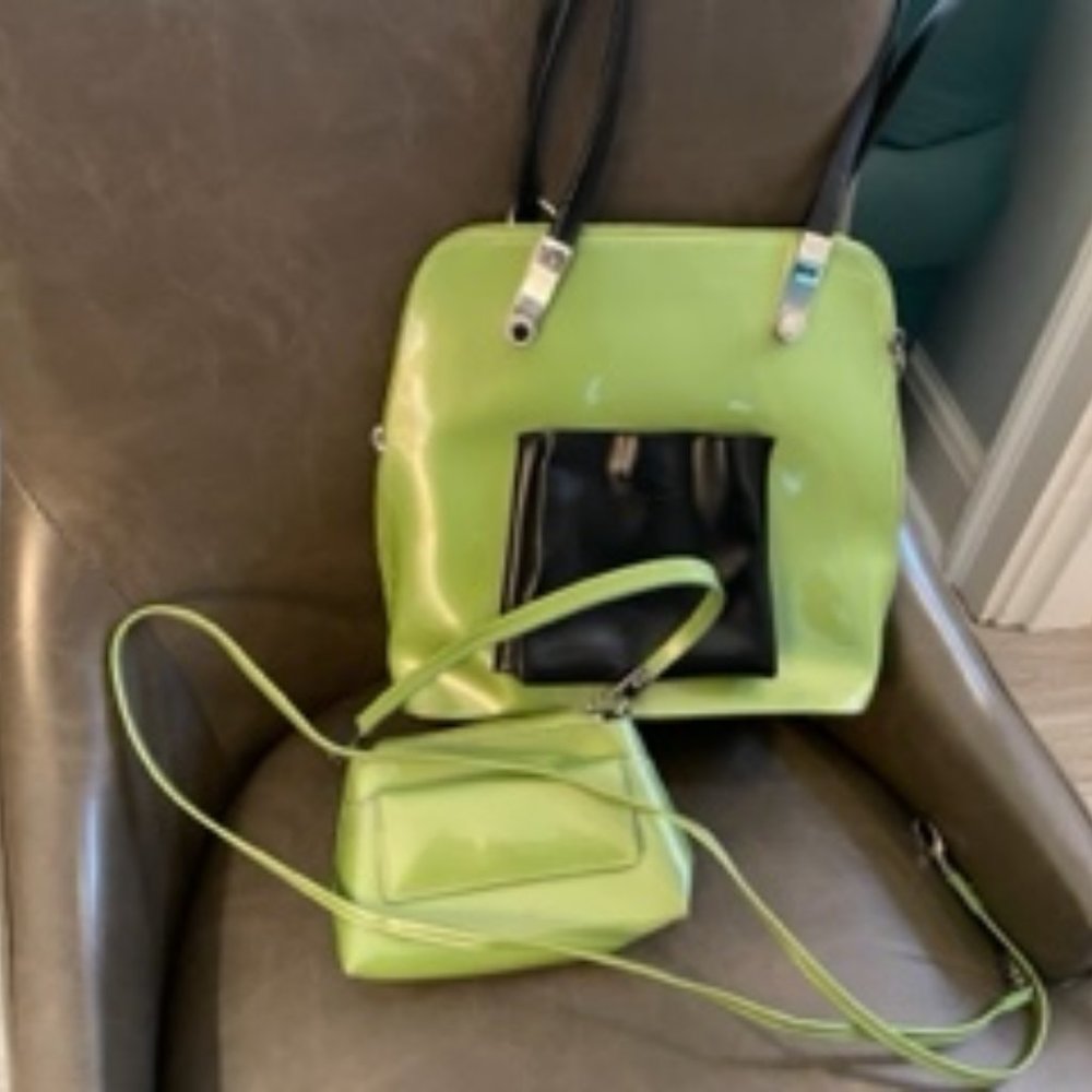 Beijo Patent Lime Green Back Pack with matching wristlet